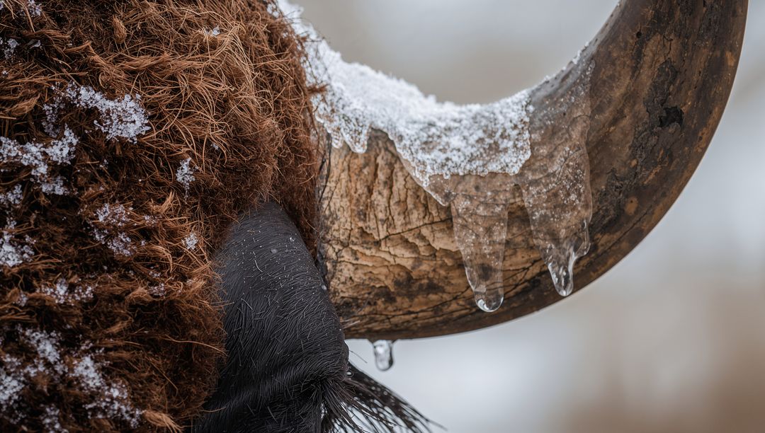 Close-up bison horn with melting icicles and frosted shaggy fur texture winter macro