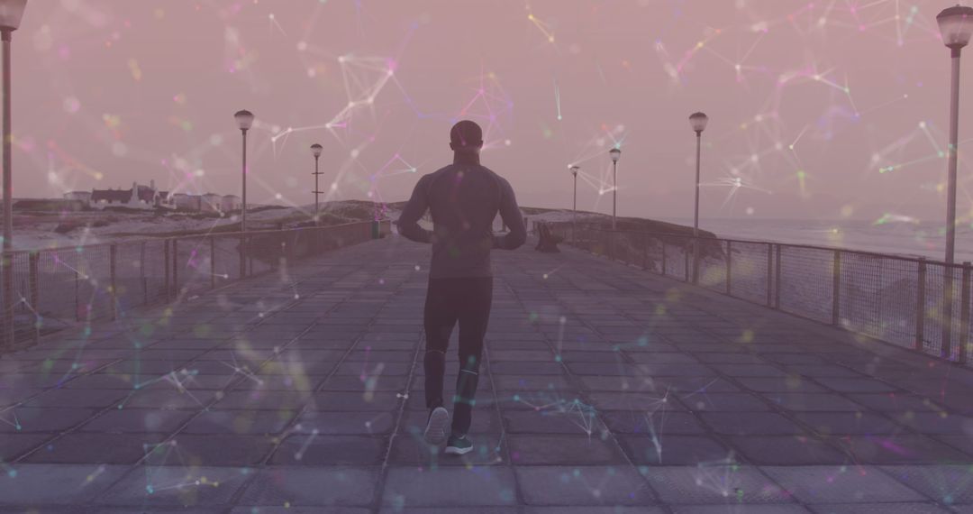 Digital Overlay of Runner on Coastal Promenade at Dawn
