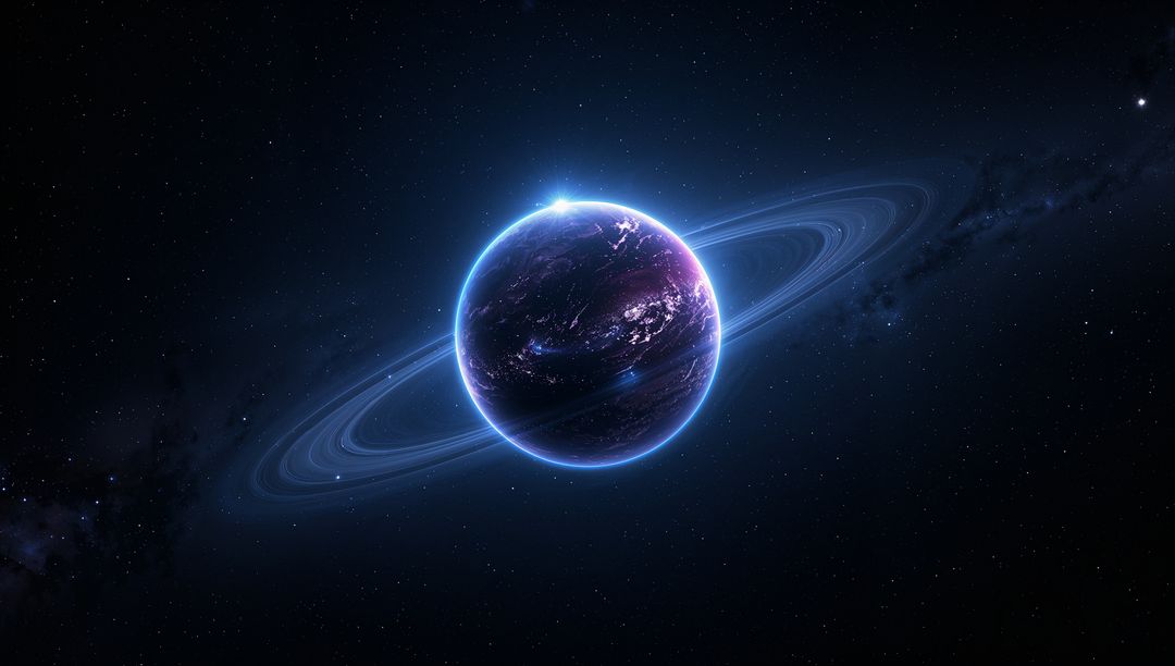 Glowing Ringed Planet with Blue Atmospheric Rim and Bright Limb Flare