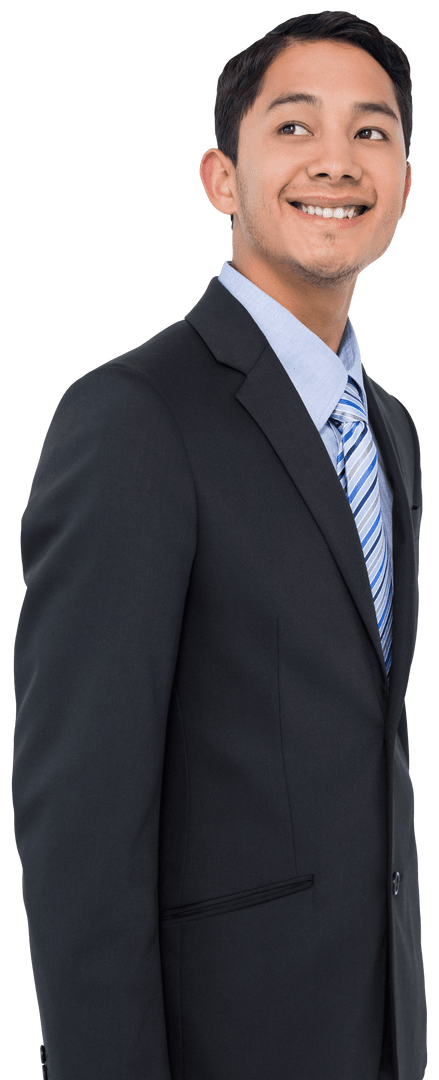 Transparent Smiling Asian Businessman in Suit on Isolated Background