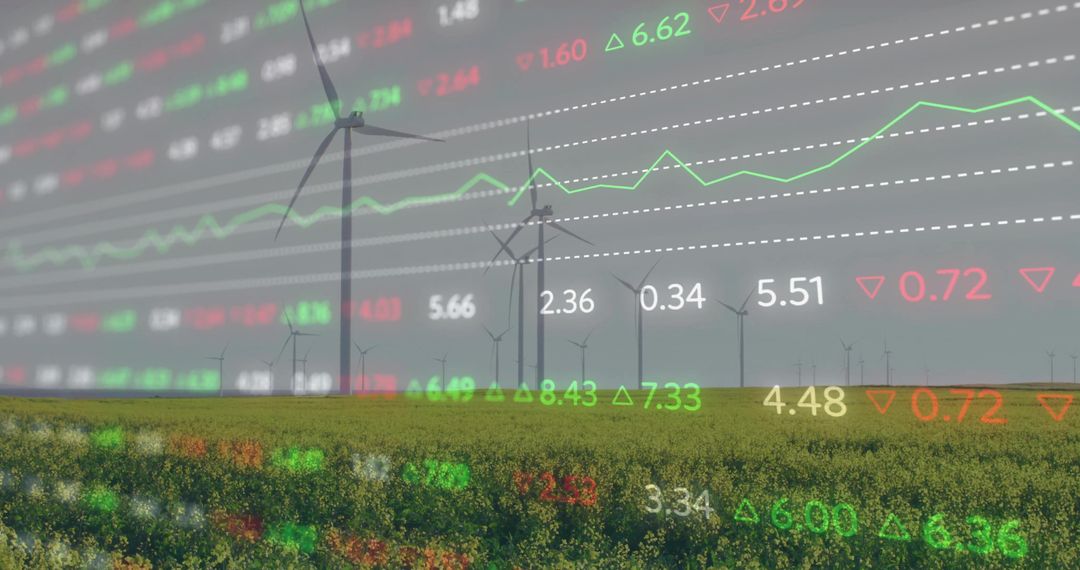 Wind Turbines Amongst Fields with Financial Data Overlay: Clean Energy Investments
