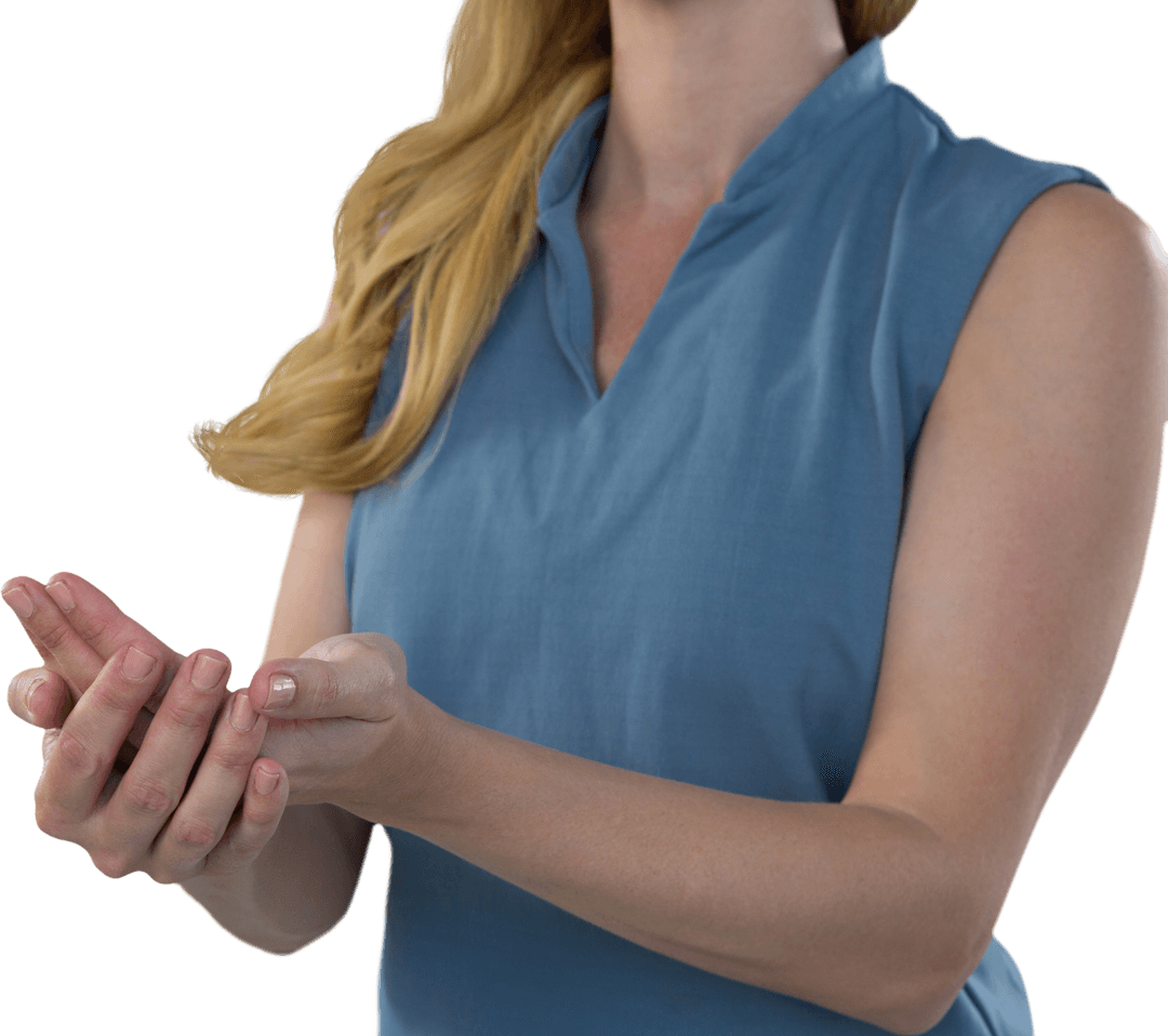 Woman Gesturing with Hands on Transparent Background