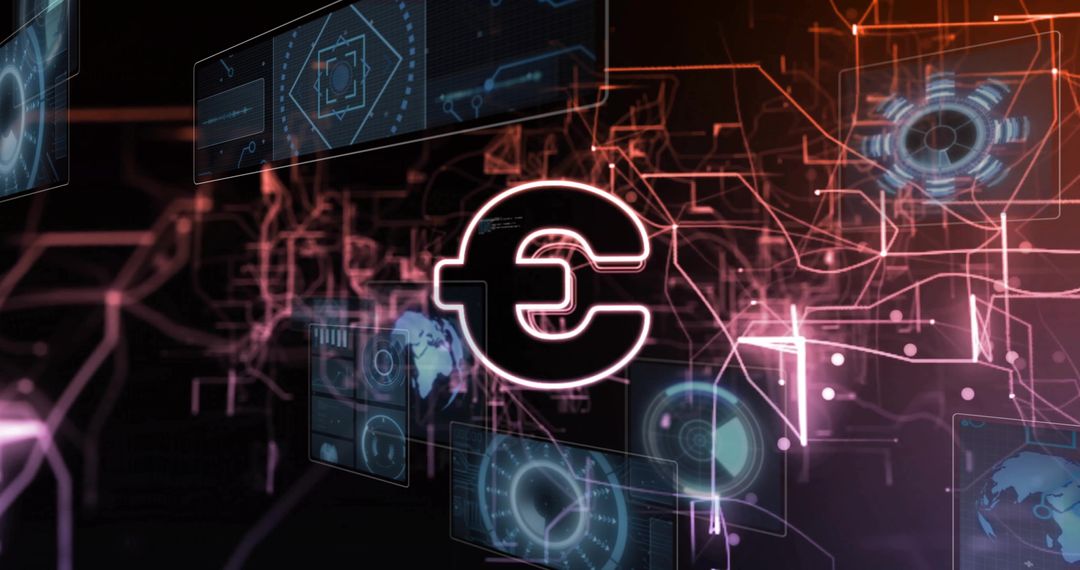 Glowing Euro Symbol Pulsing in Futuristic Fintech Network with Holographic HUD and Data Panels