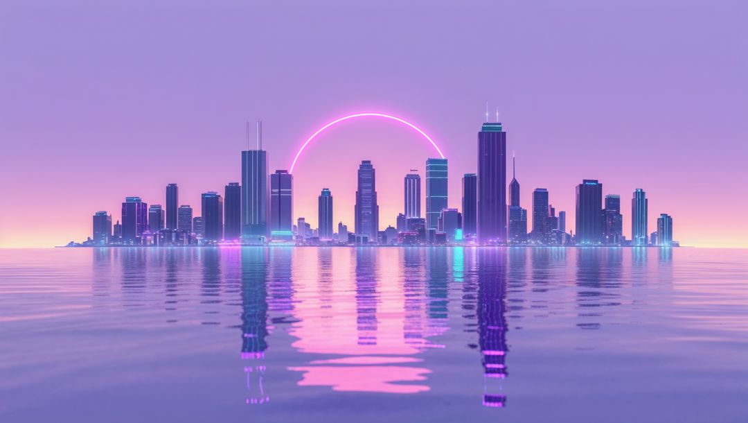 Futuristic Neon Skyline Reflected on Water with Glowing Arc