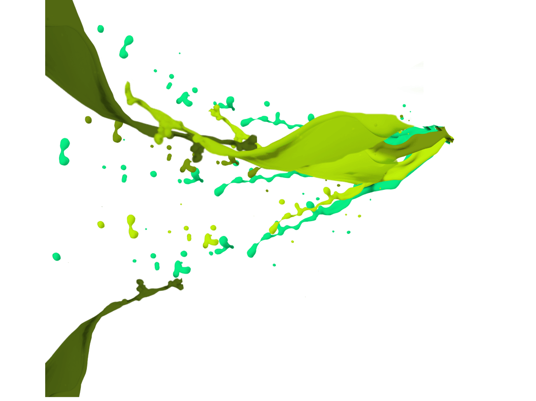 Dynamic Splash of Green and Yellow Paint with Drops on Transparent Background