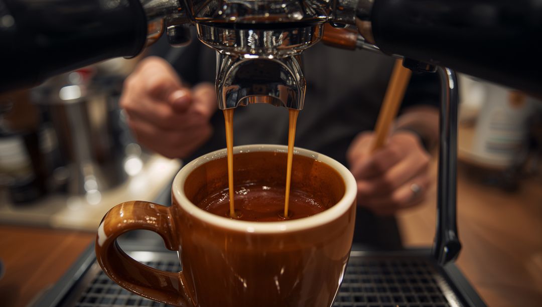 Pulling Double Espresso into Brown Ceramic Mug Showing Barista Craft at Coffee Counter
