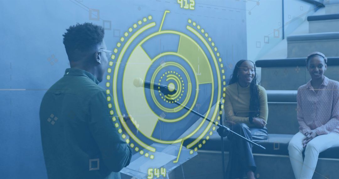 Young presenter addressing small audience with futuristic HUD overlay, modern learning talk