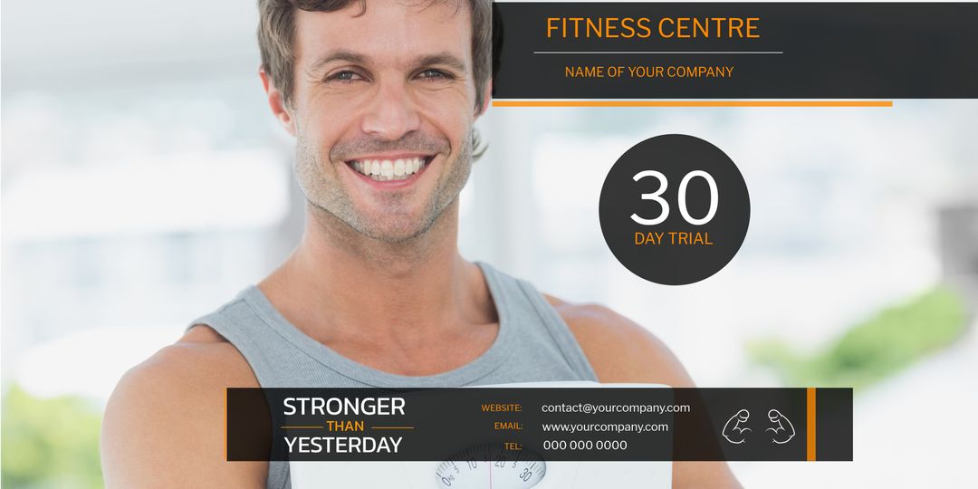 Man promoting fitness centre trial smiling confidently