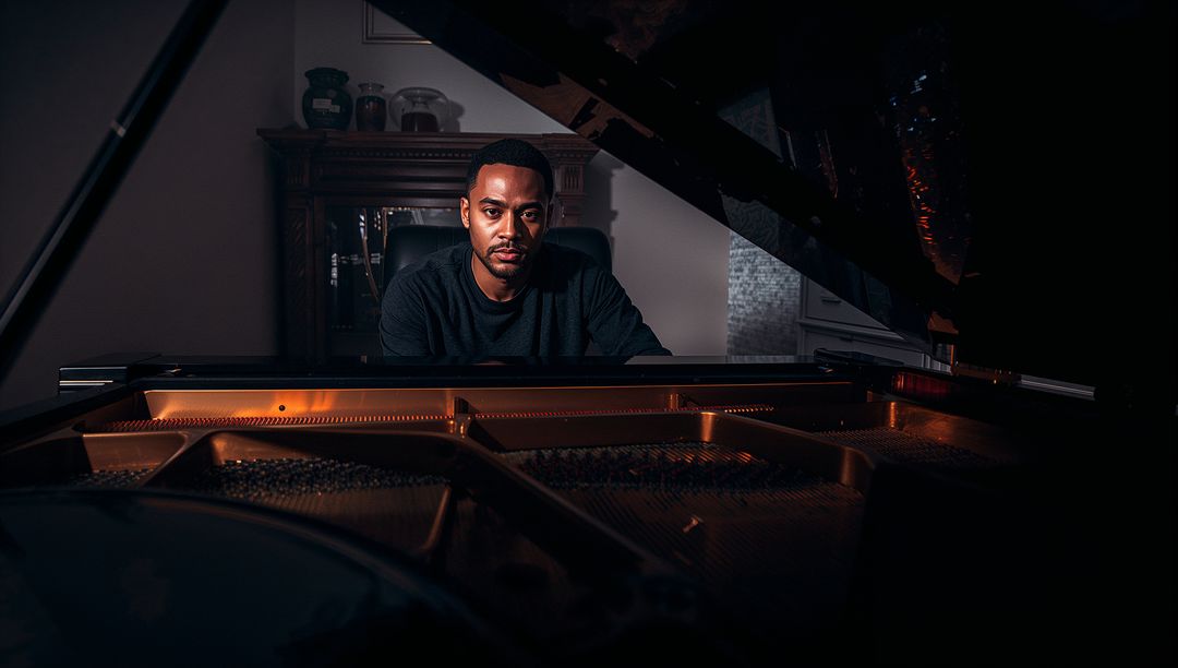 Sophisticated Pianist Composing Music in Warm, Elegant Music Room