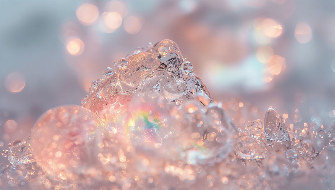 Shimmering Ice Crystals and Dew Drops with Pastel Bokeh and Rainbow Refractions