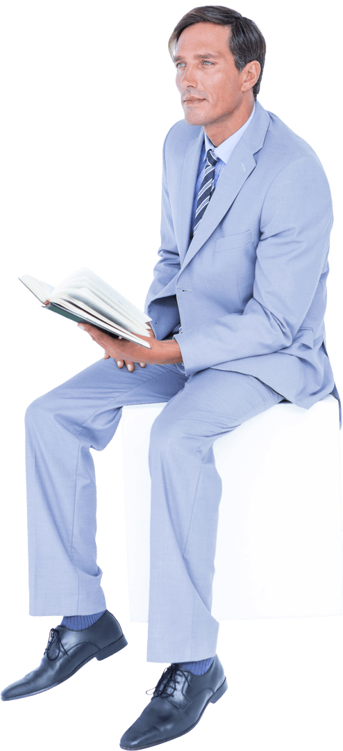 Transparent businessman reading book in seated pose, professional attire, focused