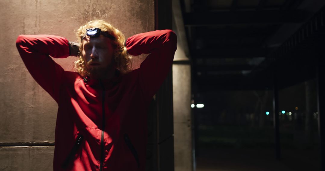 Tired Runner Resting with Headlamp in Evening City Park