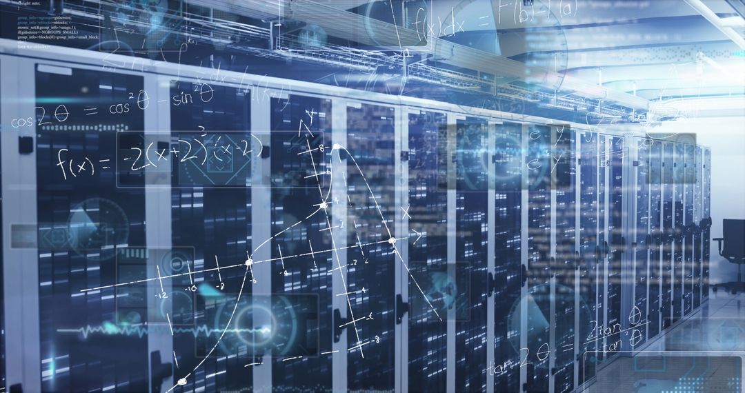 Futuristic Data Center with Mathematical Overlays Indicating Technology