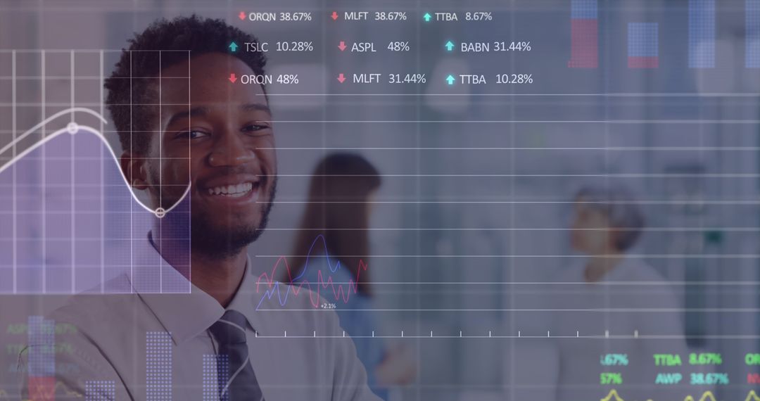 Smiling African American Businessman with Digital Stock Market Graph Overlay - Free Images, Stock Photos and Pictures on Pikwizard.com