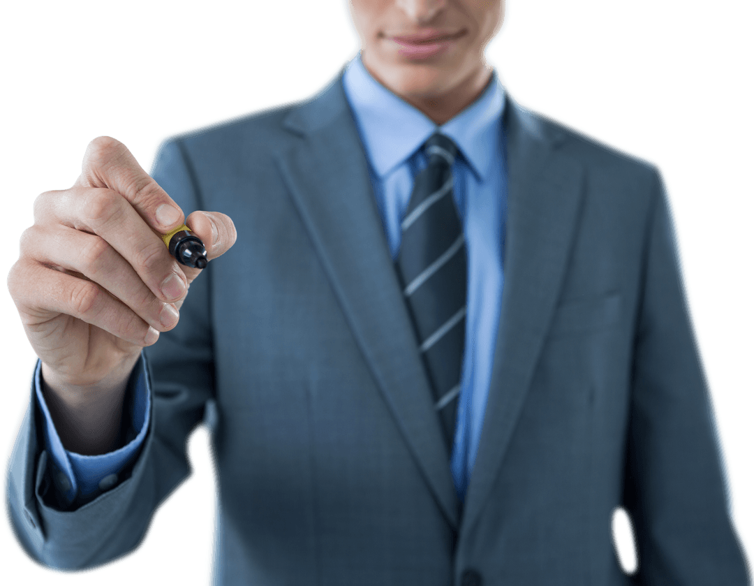 Businessman in Suit Holding Transparent Marker Pointing Forward