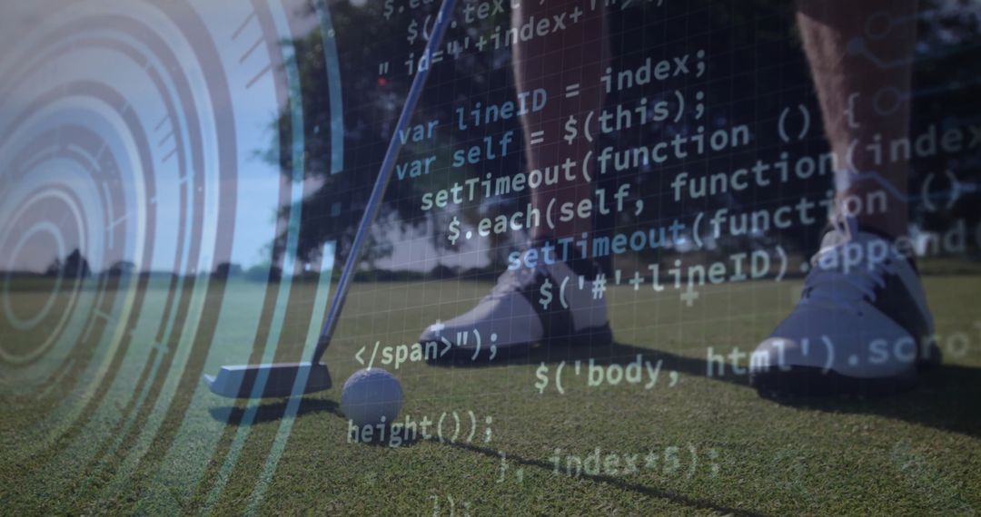 Golfer Putt with Futuristic Code Overlay on Green