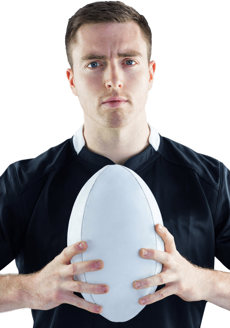 Portrait of Focused Rugby Player Holding Transparent Rugby Ball