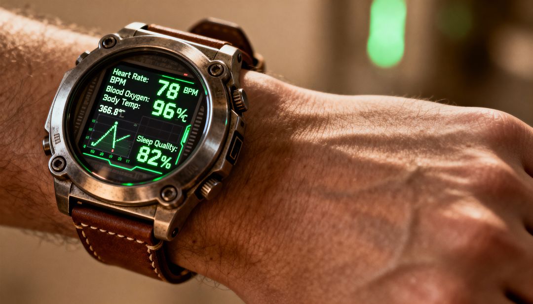 Rugged Steel Smartwatch Displaying Vital Health Metrics on Leather Strap, Green Interface