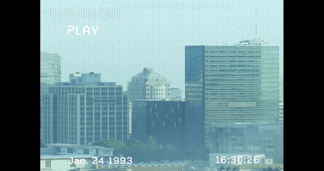 Vintage VHS Overlay on Modern Urban Skyline