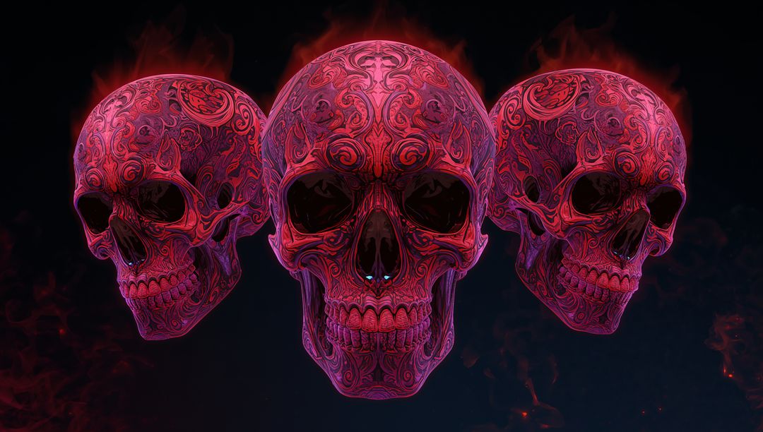Ornate Glowing Skulls with Swirling Motifs Floating in Dark Void