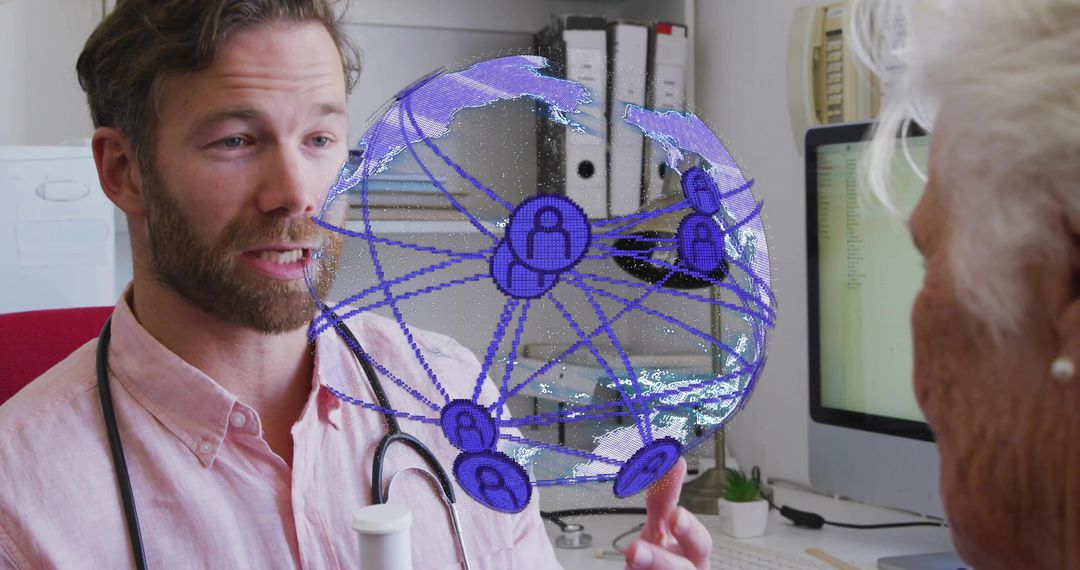 Doctor Consulting Senior Patient with Holographic Global Network Visualization in Clinic