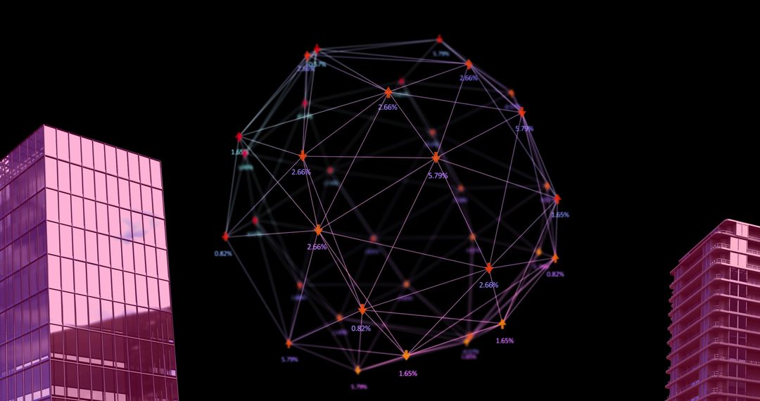 Futuristic Digital Network Over Pink Urban Landscape