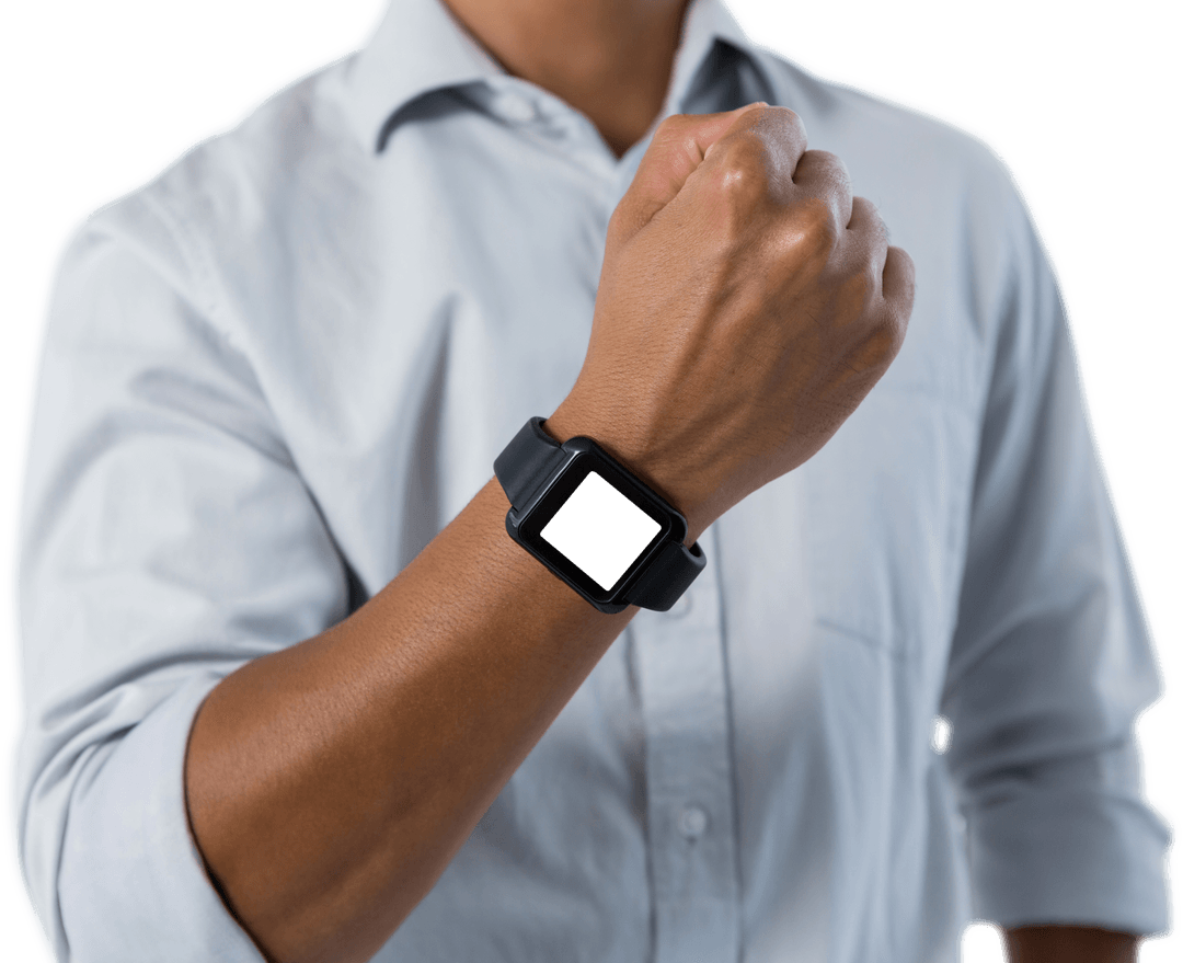 Mid Section Man Displaying Black Smartwatch on Wrist Transparent Background