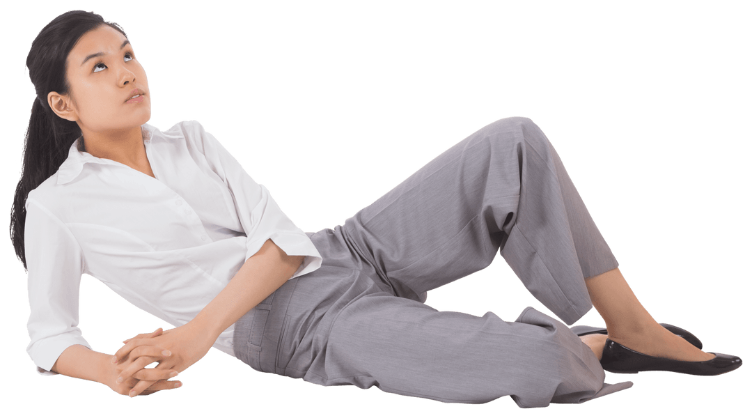 Asian Businesswoman Reclining on Transparent Background Smiling