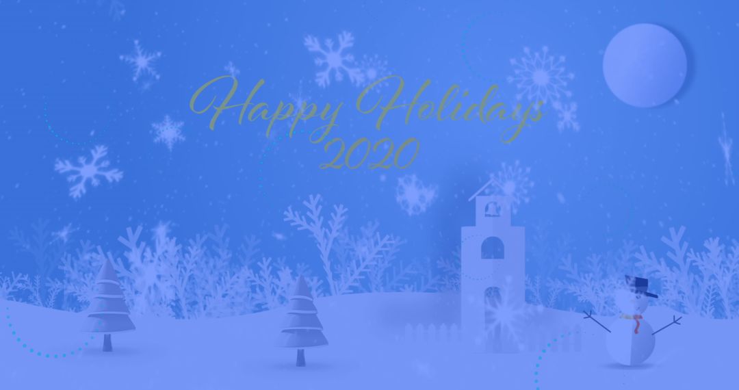 Snowman on Snowy Hill with Frosty Tower and Moonlit Sky