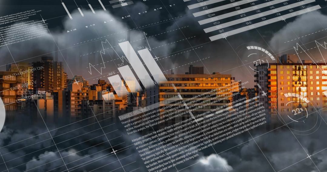 Data Analytics Overlay on Cityscape at Sunset