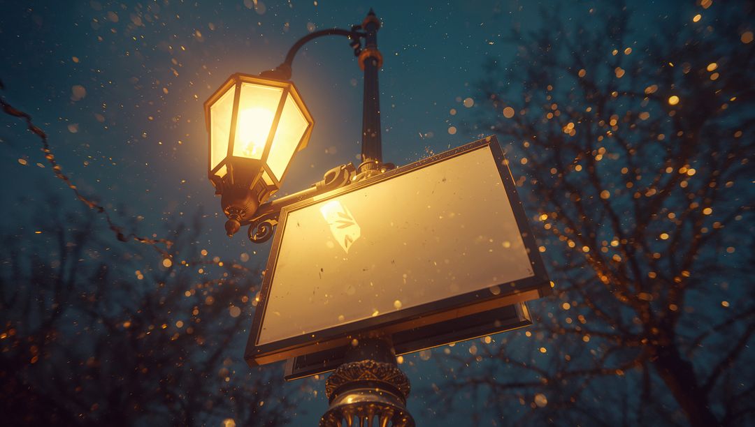 Mystical Winter Street Lantern with Blank Sign and Falling Snow