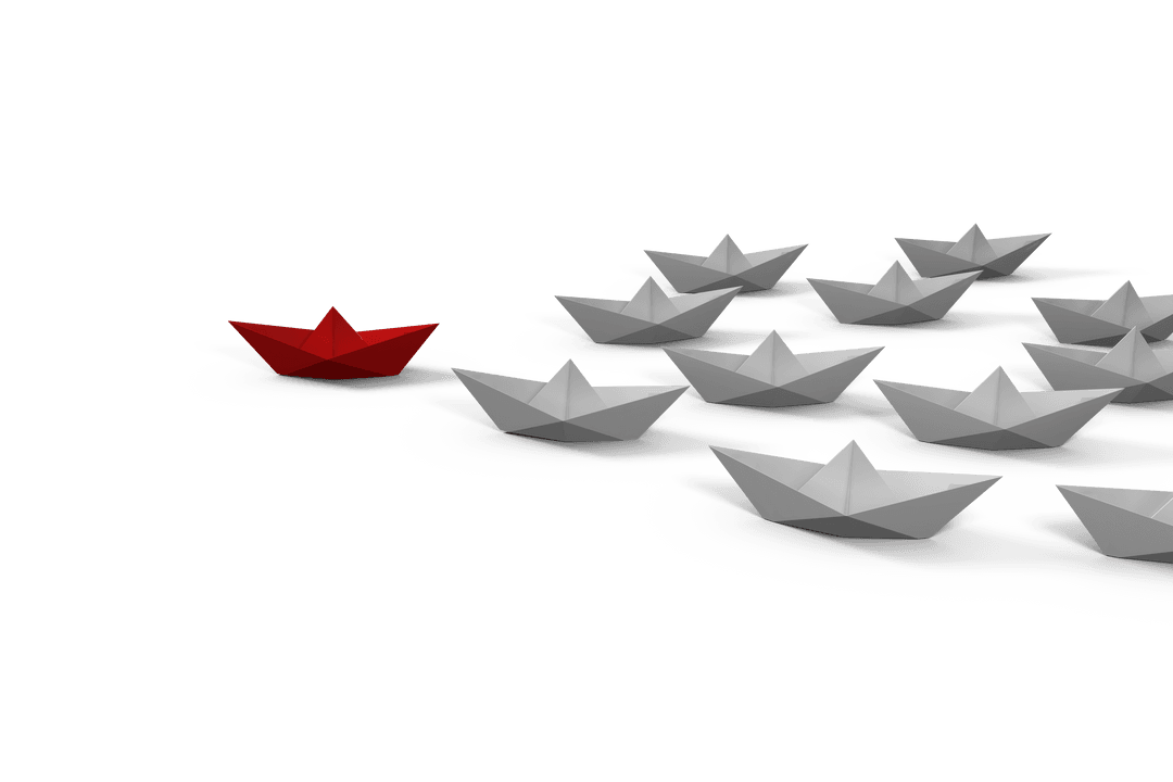 Transparent Red Paper Boat Leading White Fleet on Water