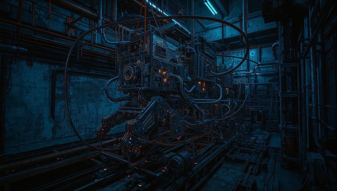 Futuristic Industrial Machinery in Factory Setting with Illuminated Orange Details