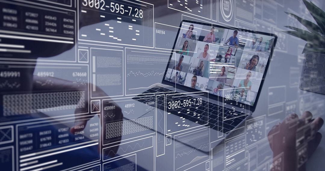 Virtual Team Meeting with Data Overlays in Modern Workspace