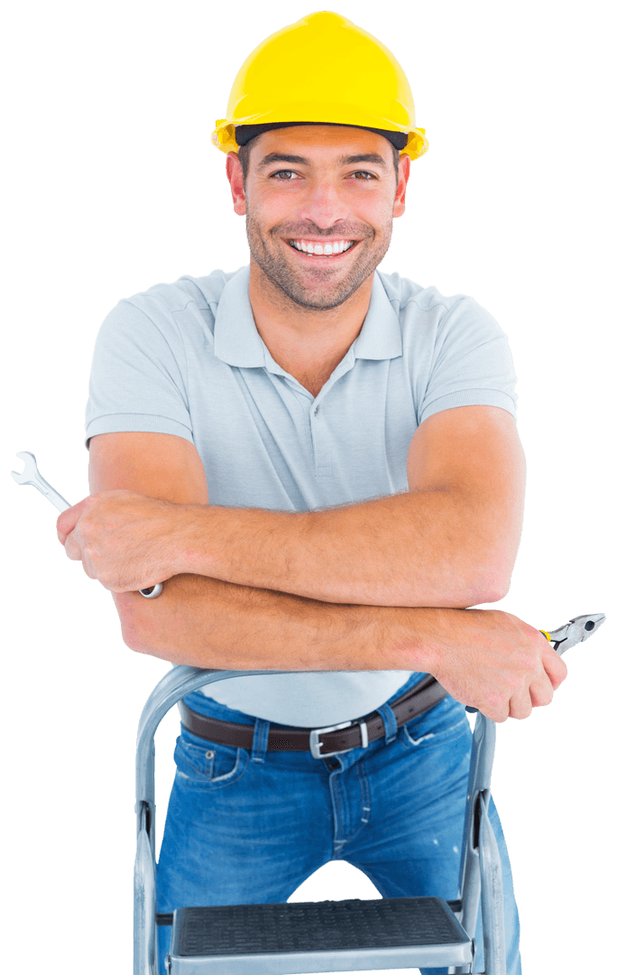 Confident Handyman Holding Tools in Transparent Background