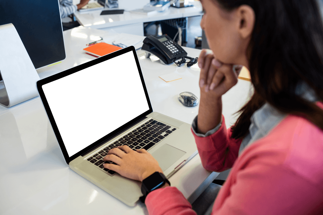 Transparent Office Scene with Woman Working on Laptop