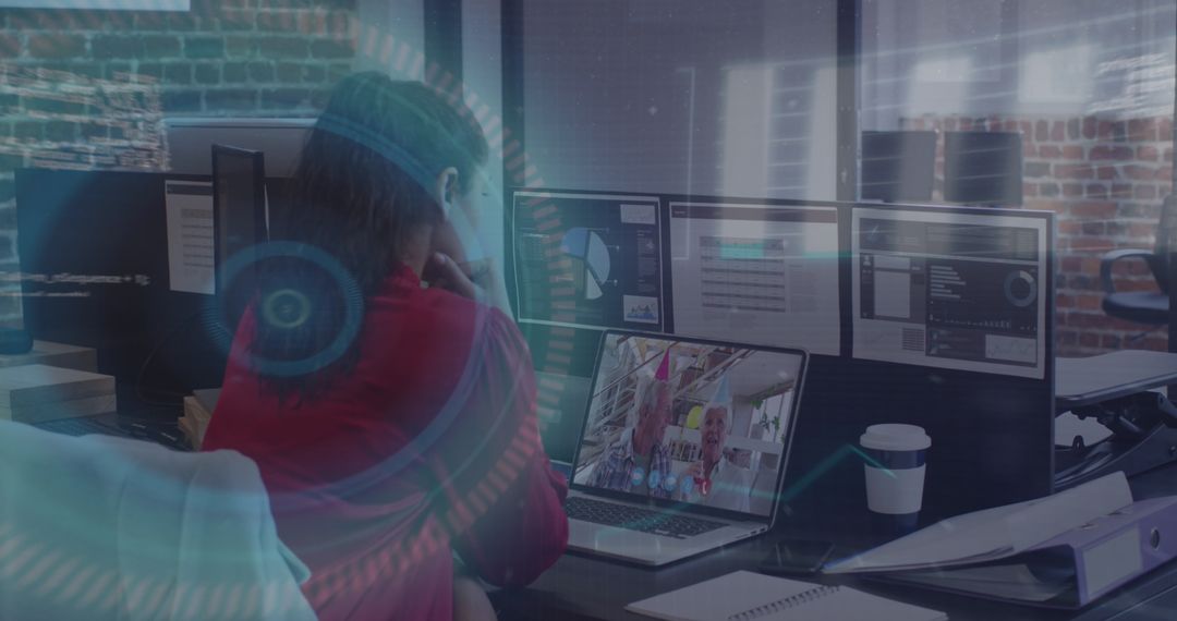 Businesswoman Using VR Headset in Modern Office with Digital Interface