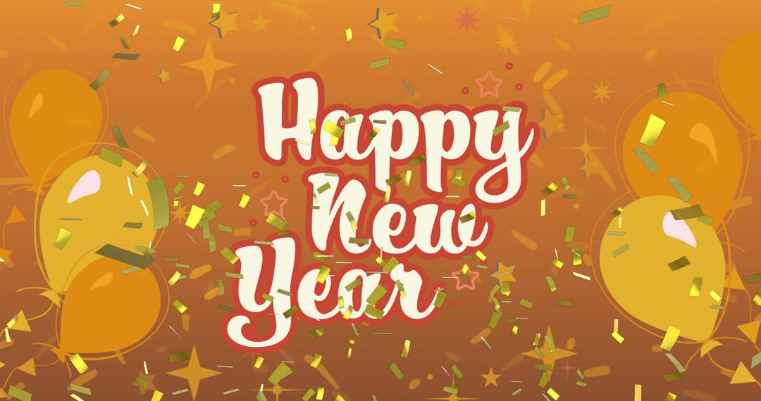 Happy New Year Text with Balloons and Confetti