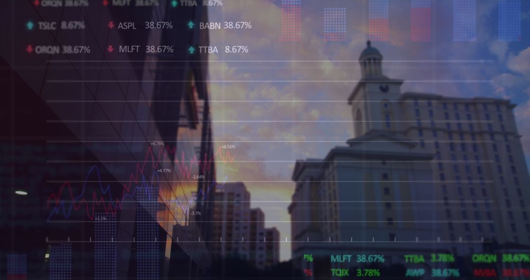 Stock Market Graphs Overlaying Urban Skyline