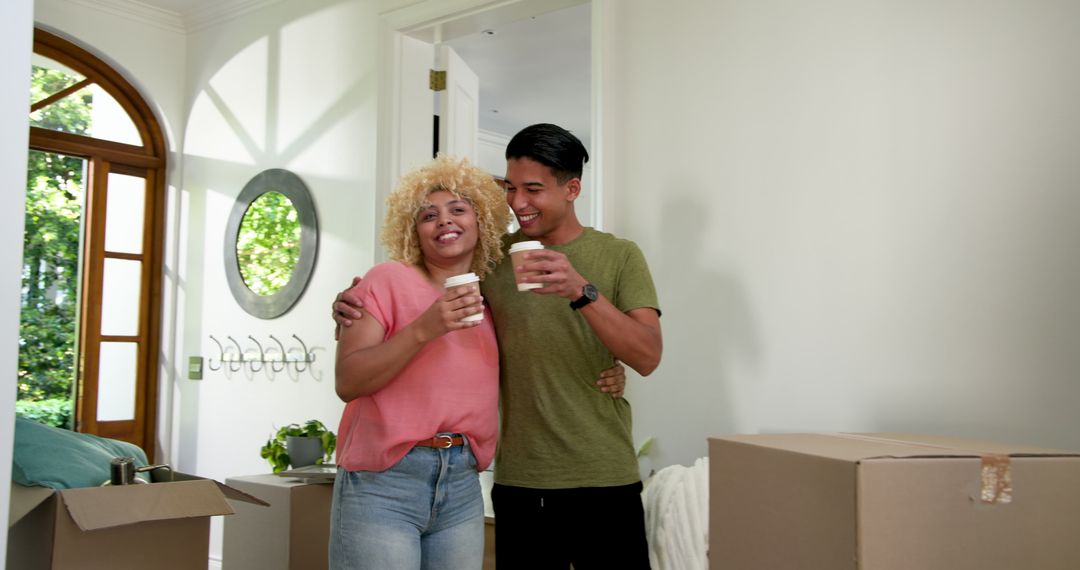 Happy Couple Celebrating Move Into New Home with Coffee Toast