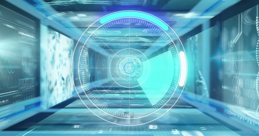 Futuristic Digital Interface with Scope and Data Analysis Imagery