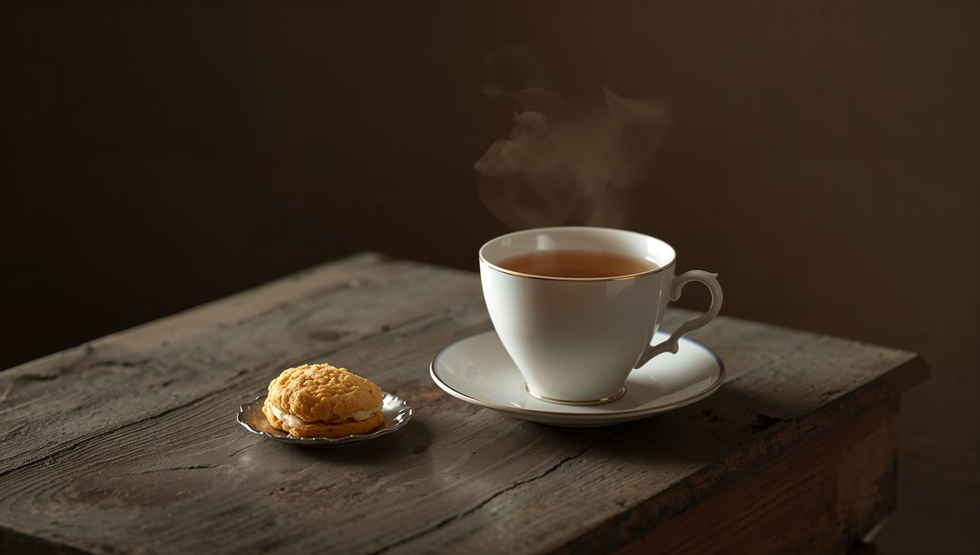 Steaming porcelain teacup with biscuit on weathered wooden table, rustic warm tea moment