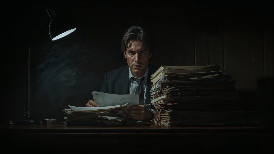 Focused prosecutor man analyzing documents in dimly lit office