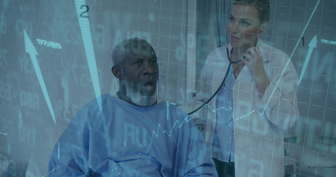 Healthcare Professional Analyzing Patient With Data Overlay