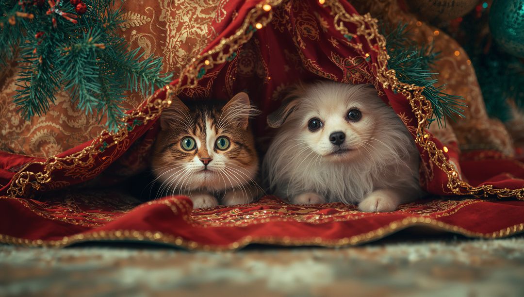 Cozy Cat and Dog Resting Under Elegant Christmas Brocade