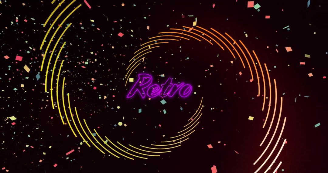 Bright Neon Retro Sign with Colorful Confetti on Black
