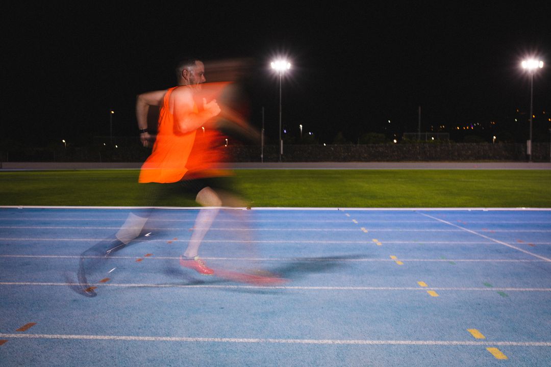 Caucasian disabled male athlete with prosthetic leg training, running at night - Free Images, Stock Photos and Pictures on Pikwizard.com