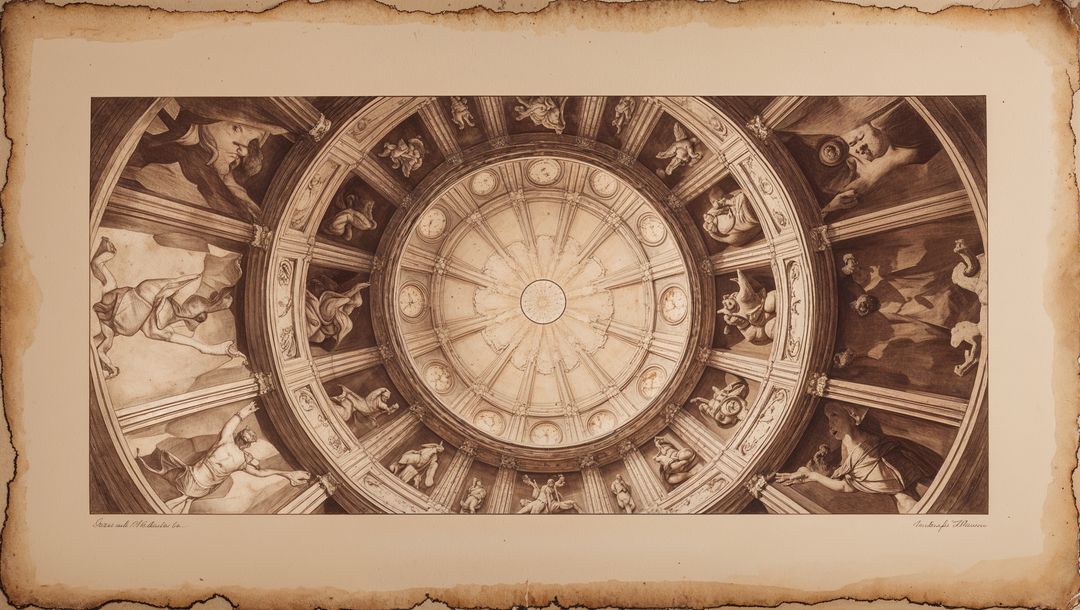 Classical Sepia-Toned Domed Ceiling on Aged Parchment