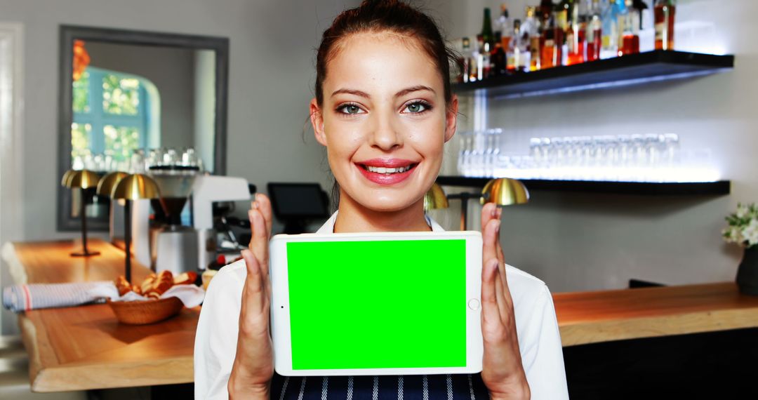 Barista Showing Green Screen Tablet in Modern Cafe - Free Images, Stock Photos and Pictures on Pikwizard.com