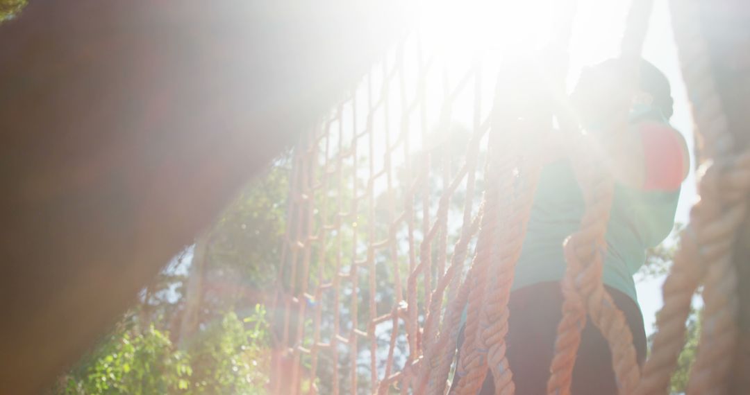 Person Climbing Rope Net Outdoors in Backlit Sunshine - Free Images, Stock Photos and Pictures on Pikwizard.com